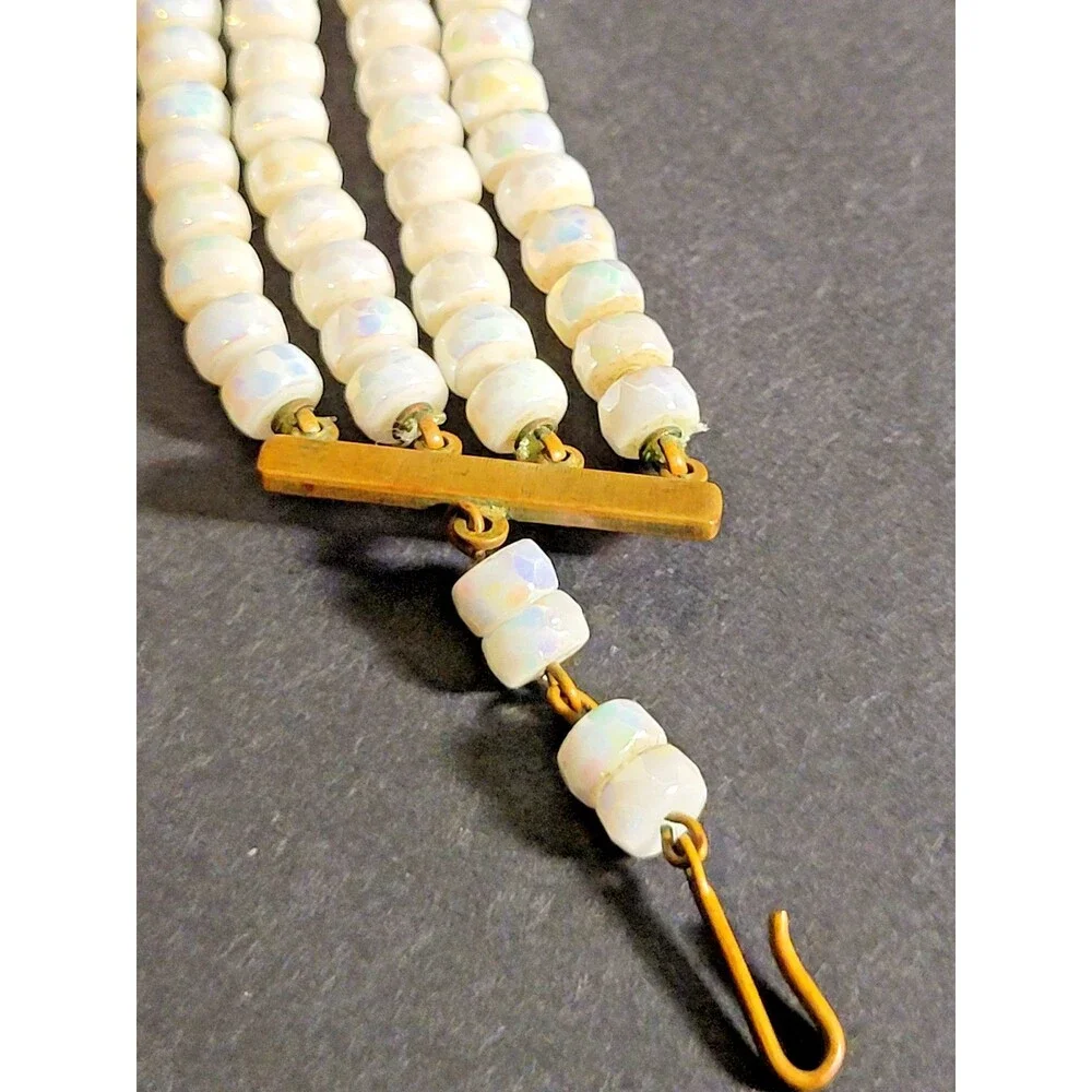 Vintage 1950s 4 Strand Opalescent Glass Bead Necklace Wedding Glam Mid Century